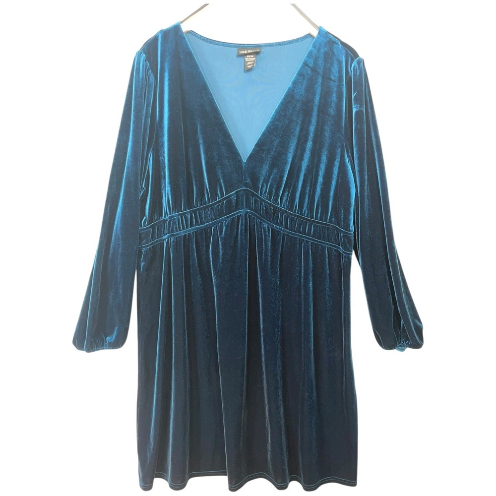 Lane Bryant Dress‎ 22/24 Blue/Green Velvet Long Sleeve Puff Sleeve Empire Waist